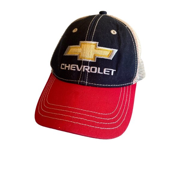 Chevrolet Logo Trucker Hat Red White Blue Adjustable Snapback Mesh Back 100% Cot - Picture 1 of 6